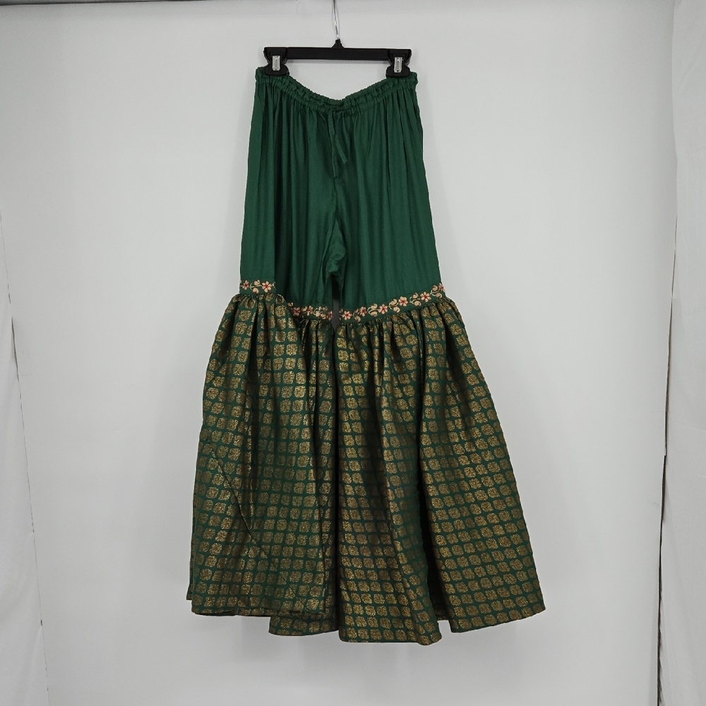 Fabindia Green Gold Wide-Leg Pants High Waist Floral Trim Drawstring Size 12-14